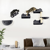 PawHut 4-Piece Wall-Mounted Cat Tree Set with Hammock, Nest and Scratching Post – Cat Wall Shelves, Dark Grey