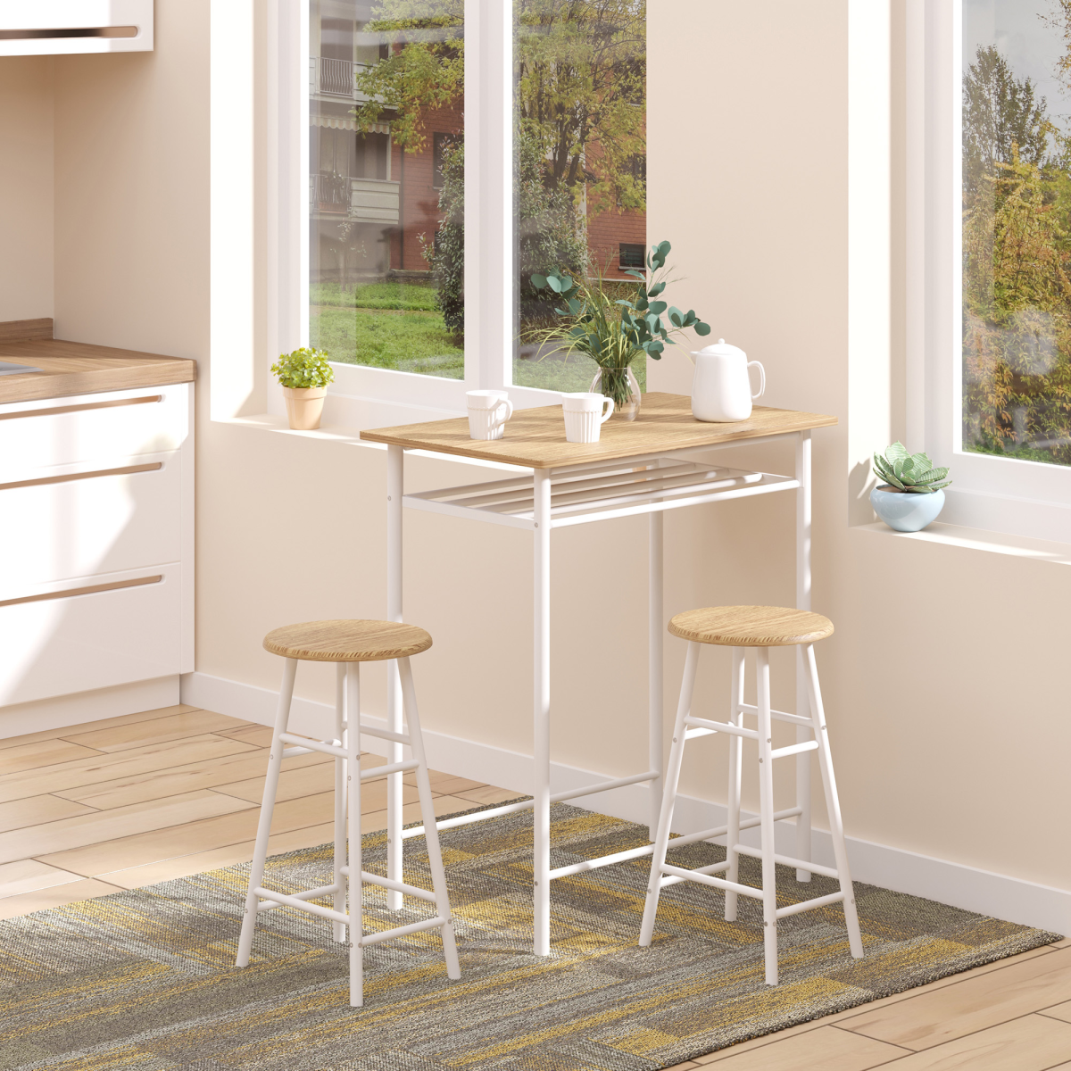 HOMCOM 3-Piece Bar Height Dining Set with Table and Two Stools – Compact Breakfast Nook Furniture, White & Oak