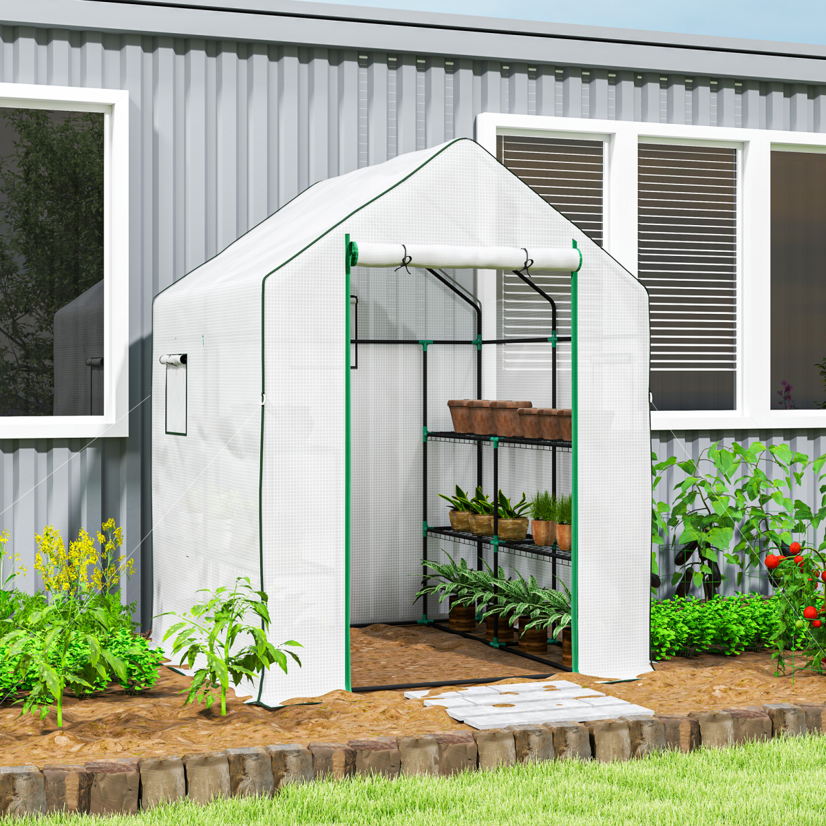 Outsunny Walk-in Greenhouse with 8 Wire Shelves, Roll-up Door & Mesh Windows – Outdoor Plant House, White