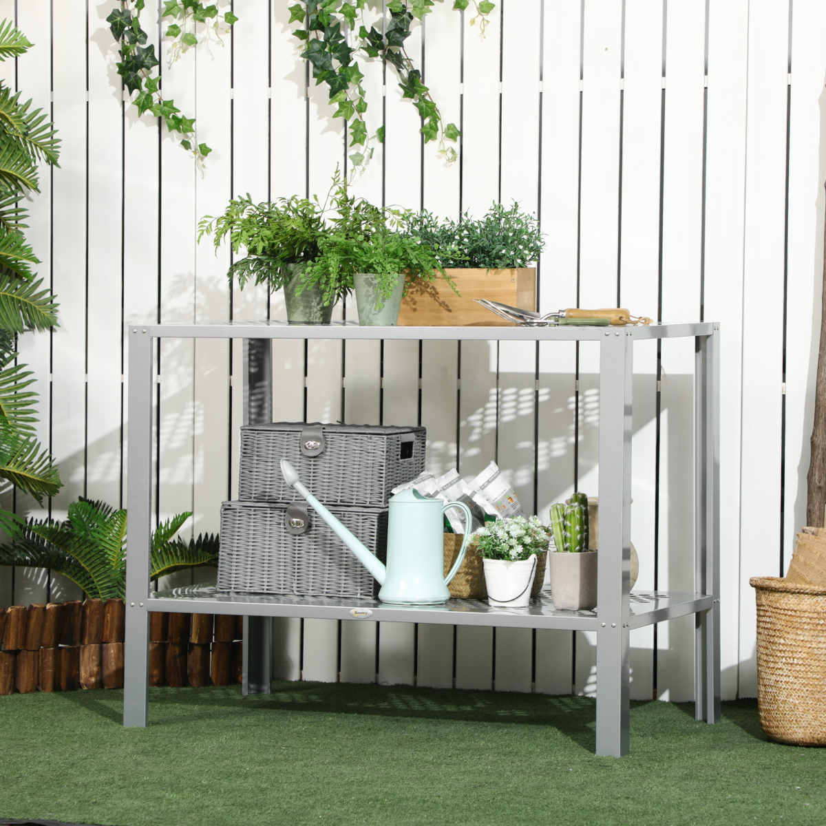 Outsunny 2-Tier Plant Stand with Cut-Out Shelves – Galvanised Steel Display Rack for Patio & Balcony