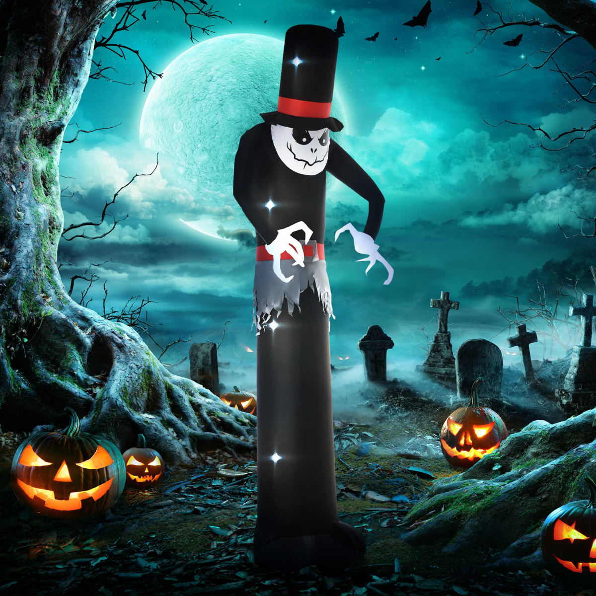 HOMCOM 10ft Inflatable Halloween Skinny Ghost with Tall Hat – Blow-Up Outdoor LED Display