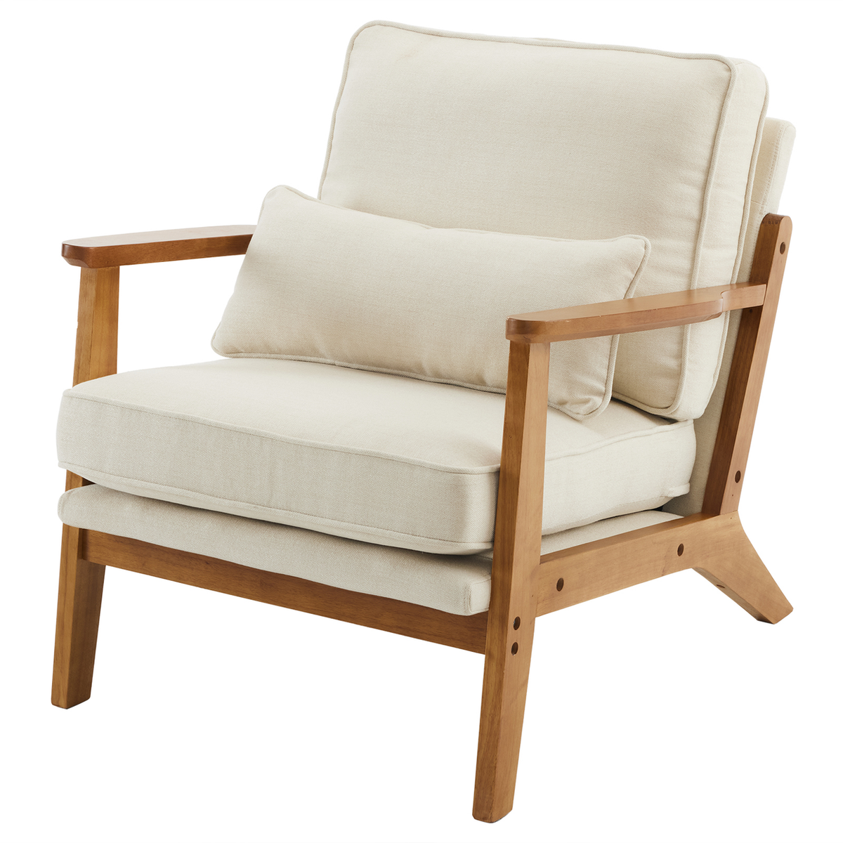 Upholstered Single Lounge Chair with Solid Wood Armrests – Mid-Century Modern Accent Armchair, Off-White