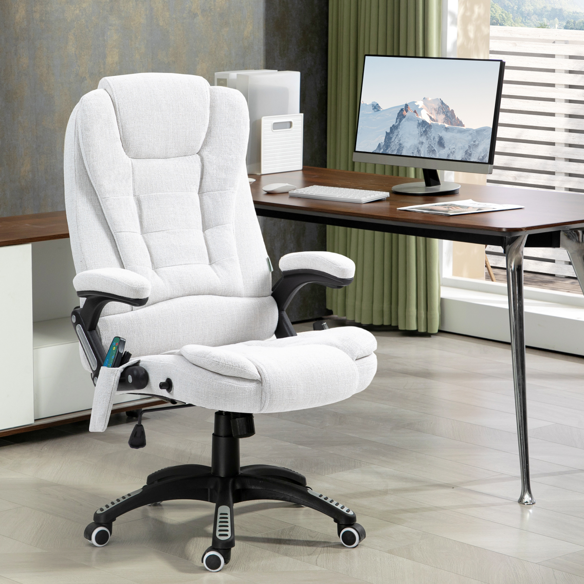 Vinsetto Reclining Office Chair with Heated Massage Points and Remote – Linen-Look Computer Chair, Cream White