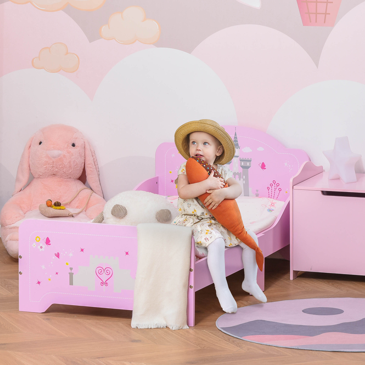 Princess Castle Toddler Bed with Side Rails & Slats – Pink Kids Bed Frame, Ages 3-6