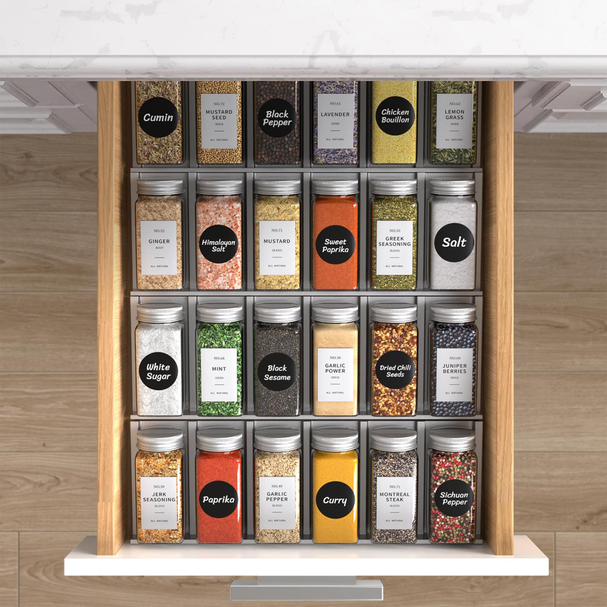 VINSANI 25-Piece Glass Spice Jar Set with Airtight Lids – Reusable Kitchen Storage Jars