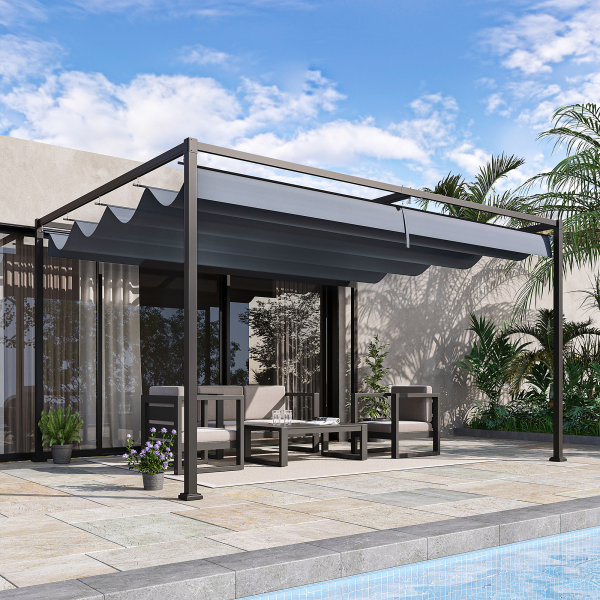 Outsunny 4 x 3m Metal Pergola with Retractable UV-Resistant Canopy – Patio Sun Shelter Gazebo, Grey