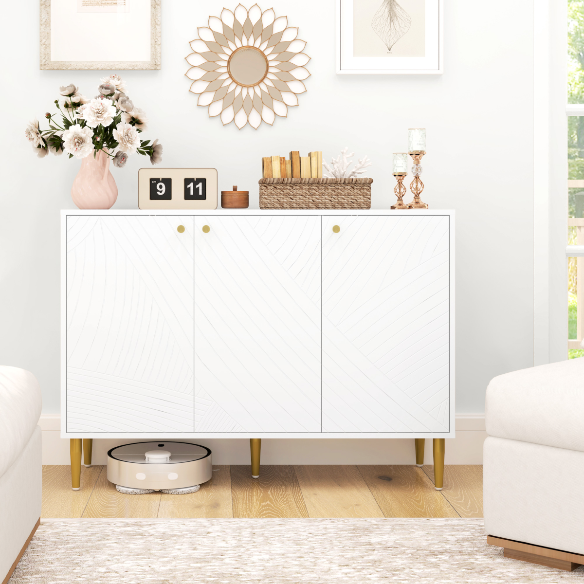HOMCOM White Sideboard with Adjustable Shelves & Cupboard Storage – Multi-Use Storage Cabinet