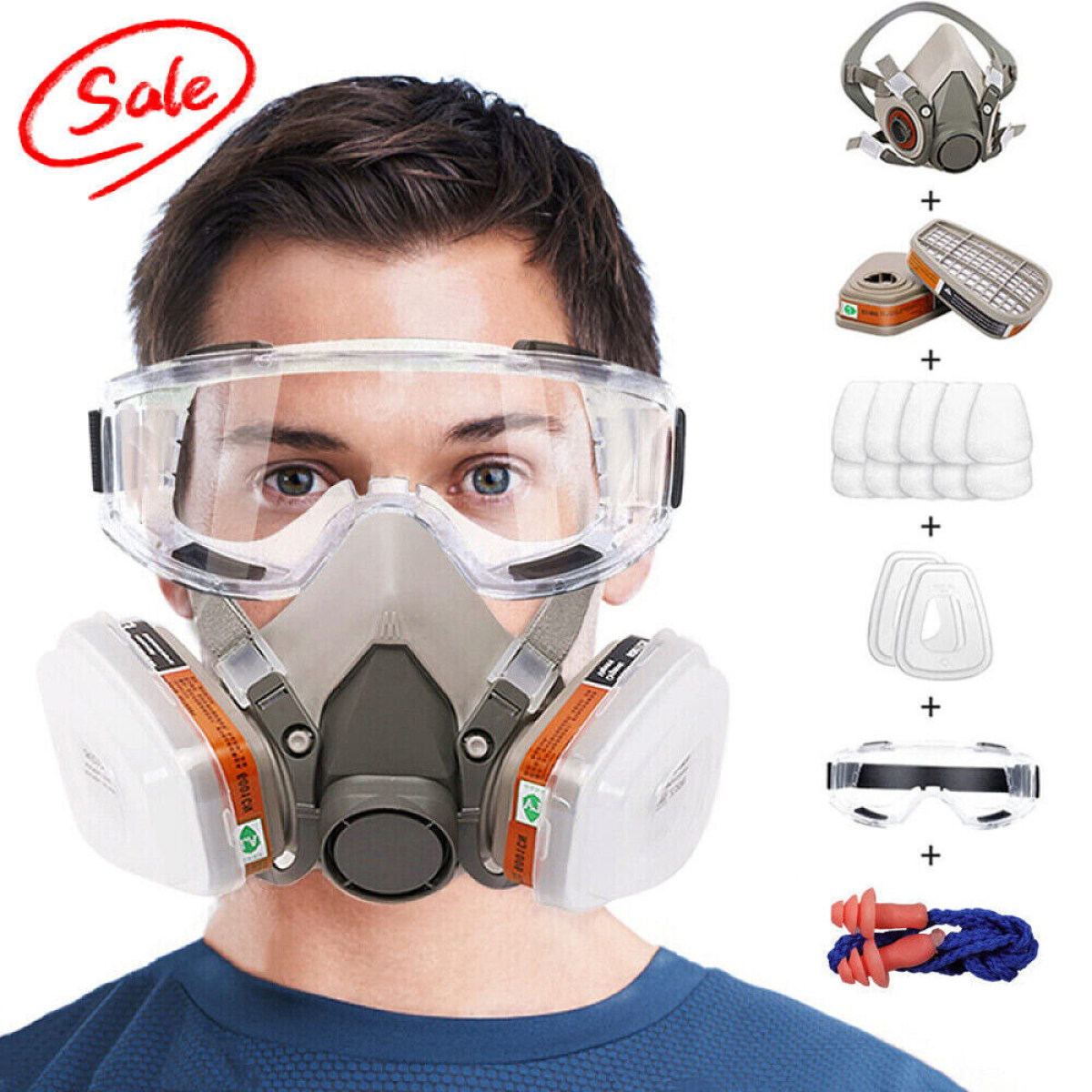 17 in 1 Half Face Respirator Mask with Safety Goggles, 6001 Filter Cartridges & Filter Cotton – Spraying, DIY, Workshop