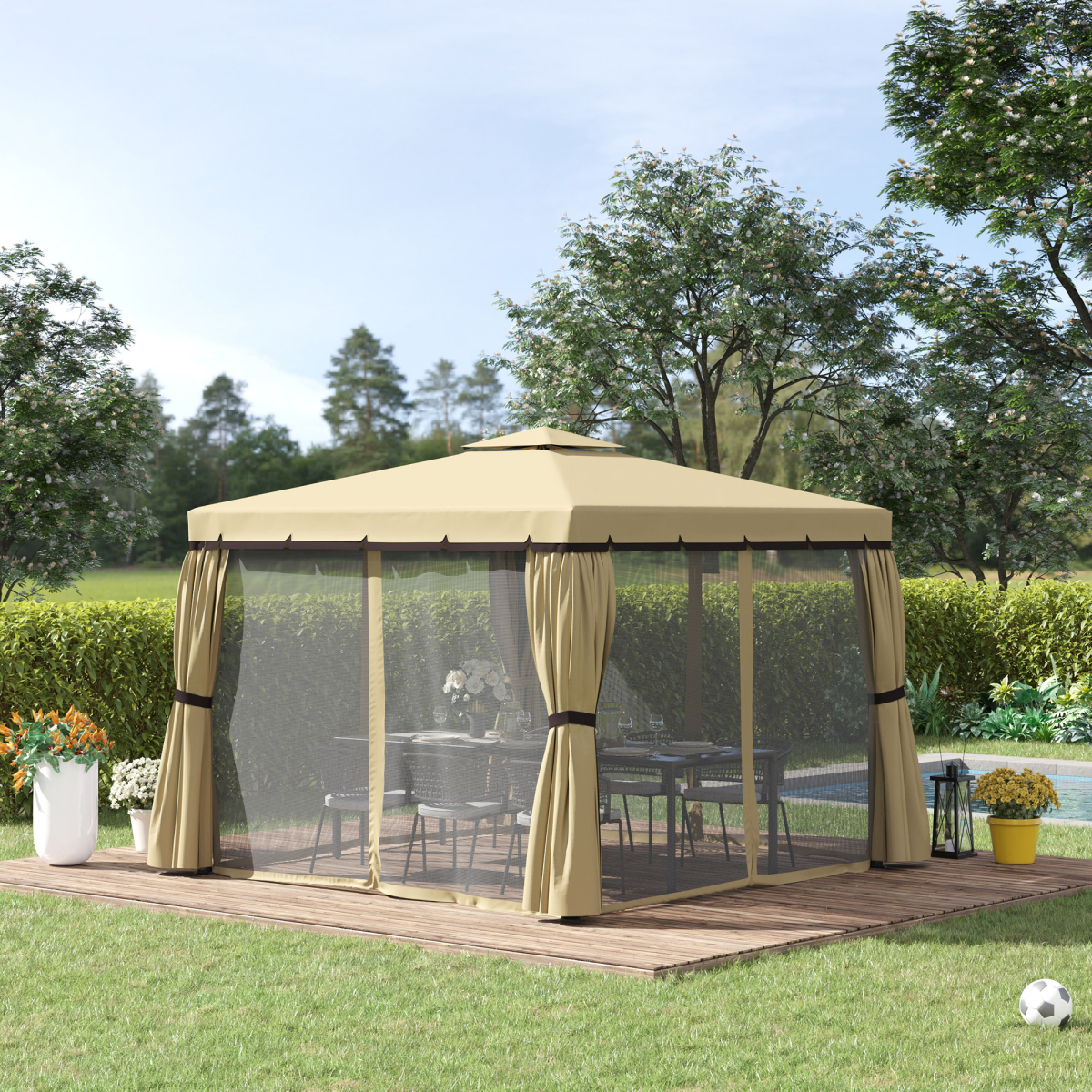 Outsunny 3 x 3m Aluminium Patio Gazebo with Mosquito Net, Four Curtains & Two-Tier Canopy Roof, Beige
