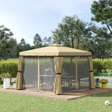 Outsunny 3 x 3m Aluminium Patio Gazebo with Mosquito Net, Four Curtains & Two-Tier Canopy Roof, Beige