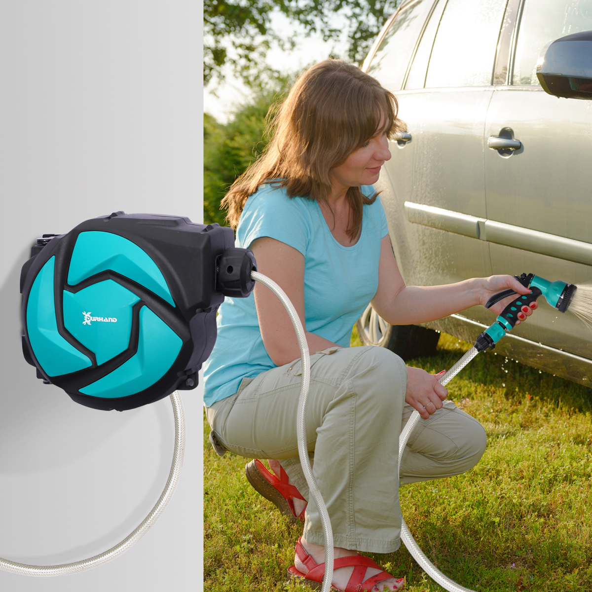 Durhand 10m Retractable Garden Hose Reel with Auto Rewind, Lock at Any Length and 7 Spray Patterns – Wall Mounted