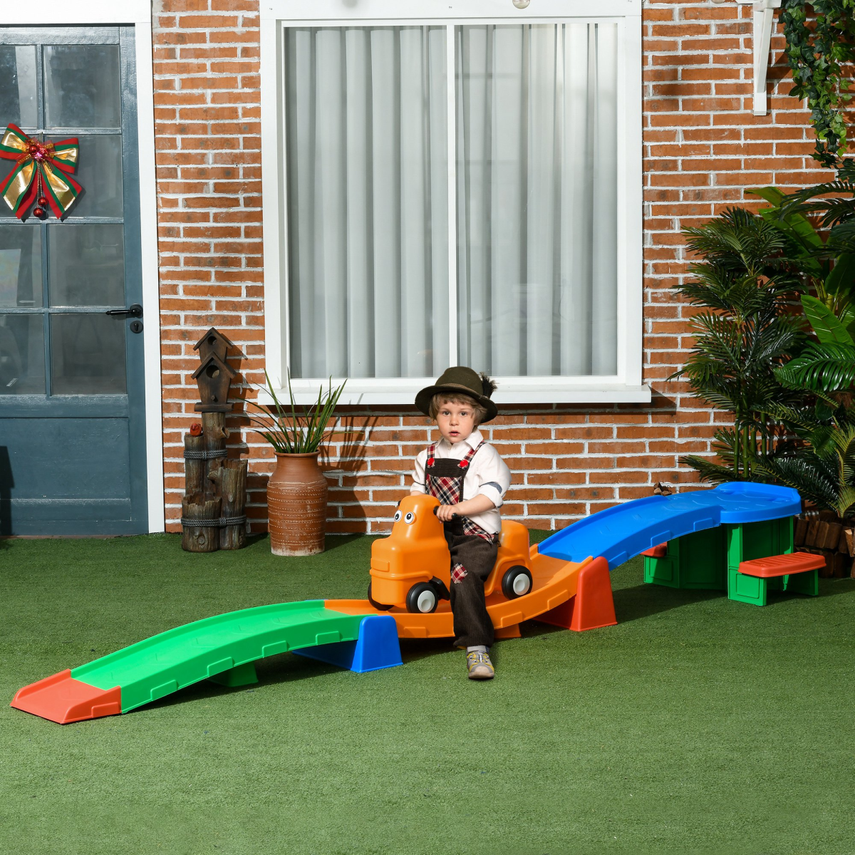 AIYAPLAY 3m Up and Down Kids Rollercoaster with Sliding Car and Non-Slip Steps – Ages 2-5, Multicoloured