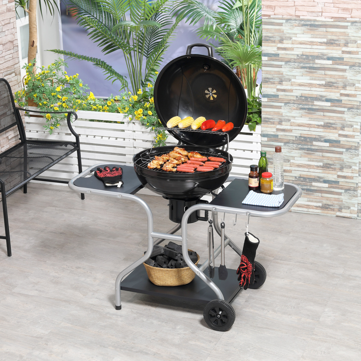 Outsunny Garden Charcoal Barbecue Trolley Grill with Wheels, Side Trays & Storage Rack – Black