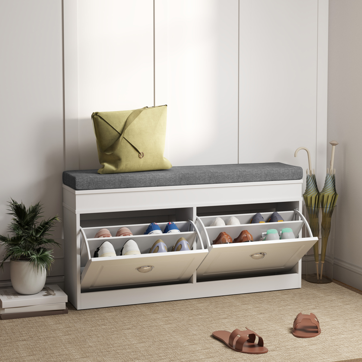 Shoe Storage Bench with Padded Seat Cushion & 2 Drawers – Compact Hallway Seating