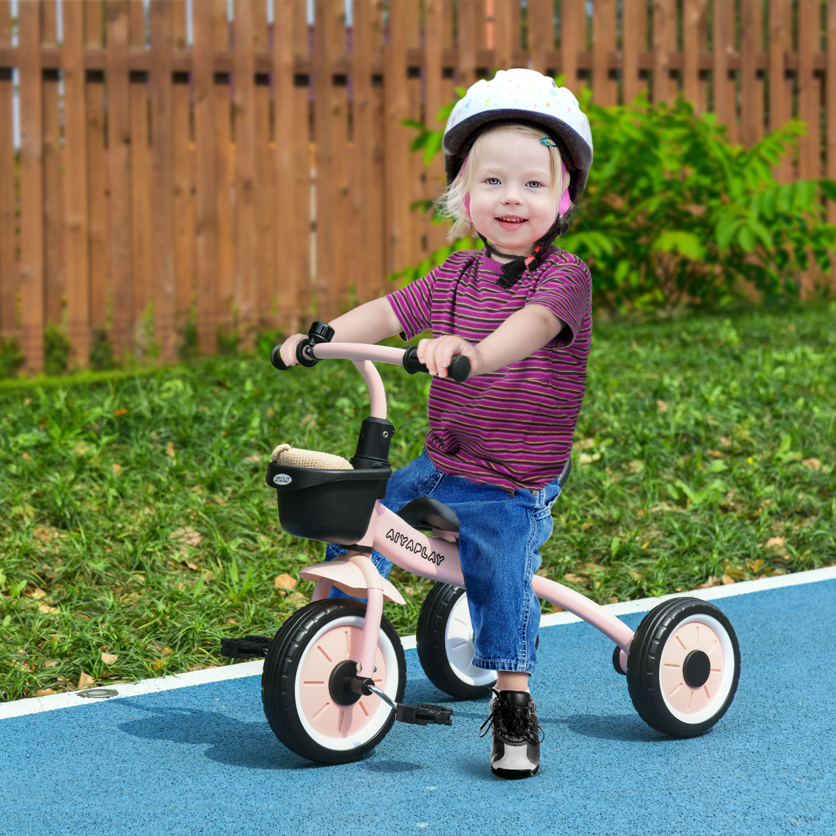 AIYAPLAY Kids Tricycle with Adjustable Seat, Basket and Bell – Toddler Trike for Ages 2-5, Pink