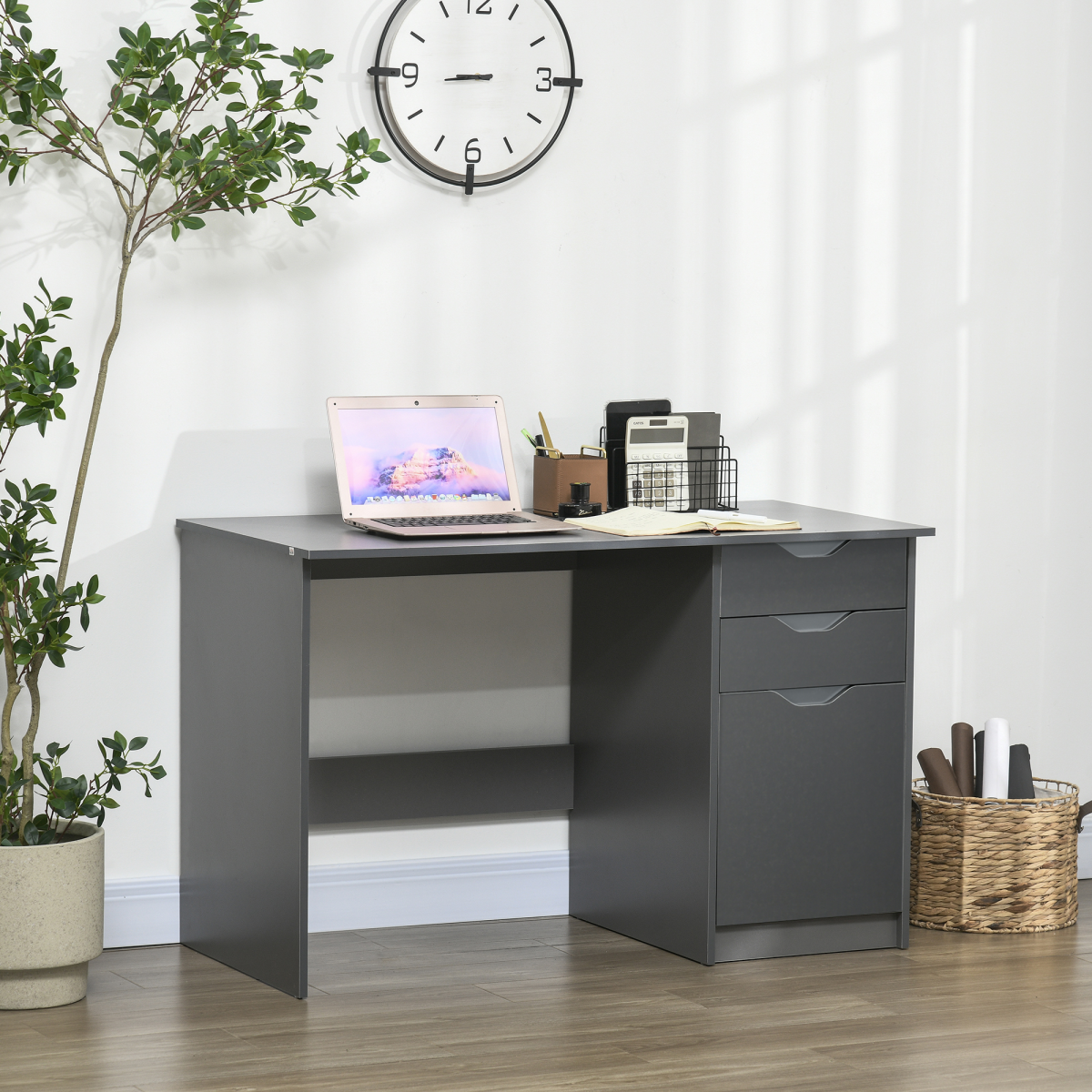 HOMCOM Computer Desk with 3 Drawers – Home Office Workstation with High Gloss Finish, Grey