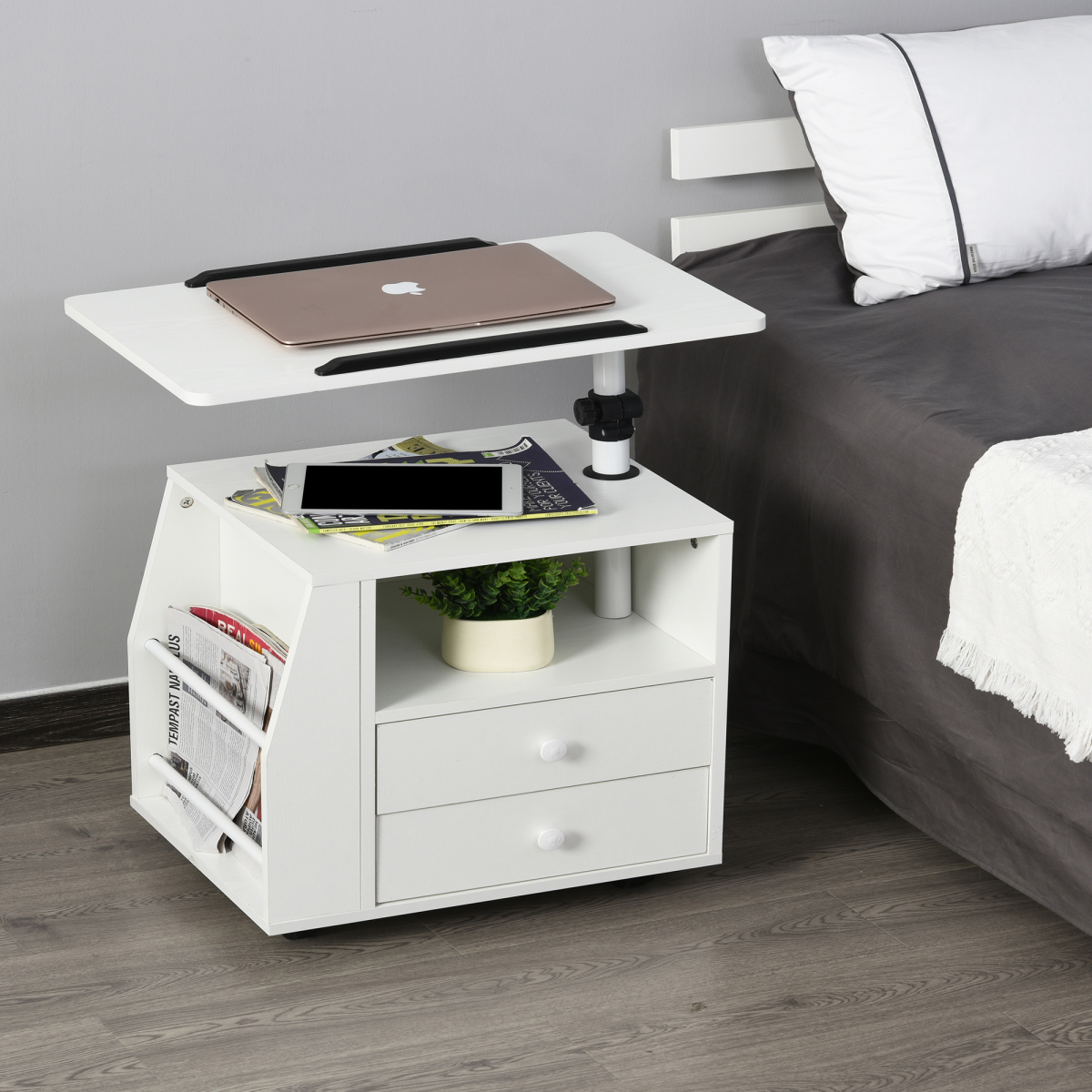 HOMCOM 360° Rotating Tilting End Table with Storage Cabinet and Edge Stopper – White