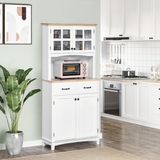 HOMCOM Kitchen Cupboard with Framed Glass Doors, 2 Drawers & Microwave Counter – Coastal Style, White