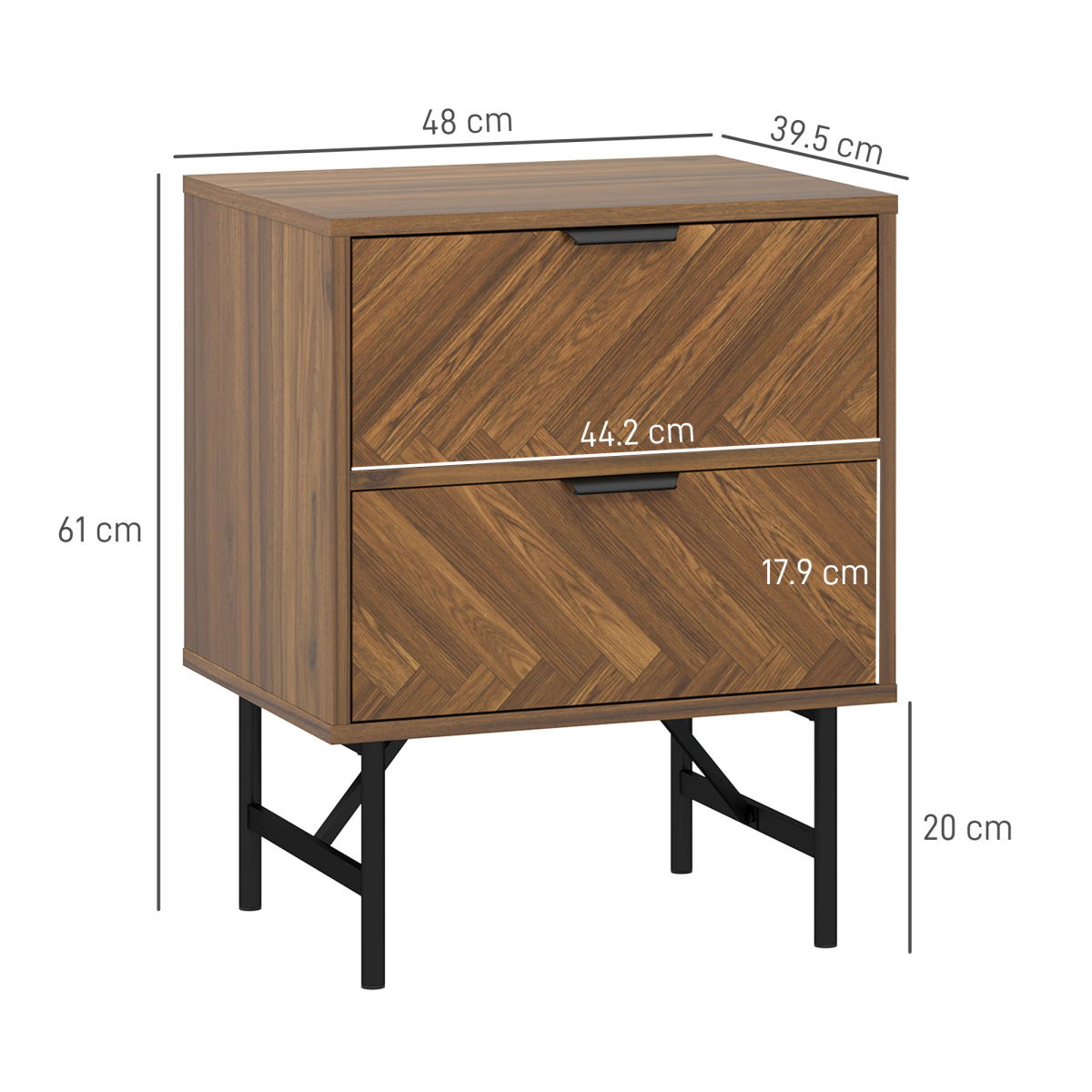 Set of 2 Herringbone Bedside Tables with 2 Drawers Each & Metal Legs – Bedroom Storage, Walnut Brown