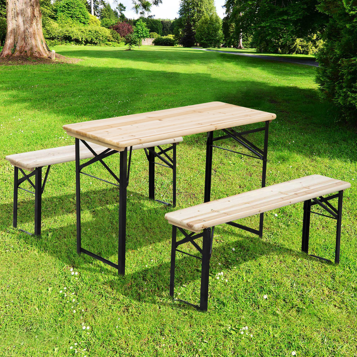 Outsunny Portable Folding Wooden Picnic Table & Bench Set – Trestle Style for Camping, Garden and Indoor Use