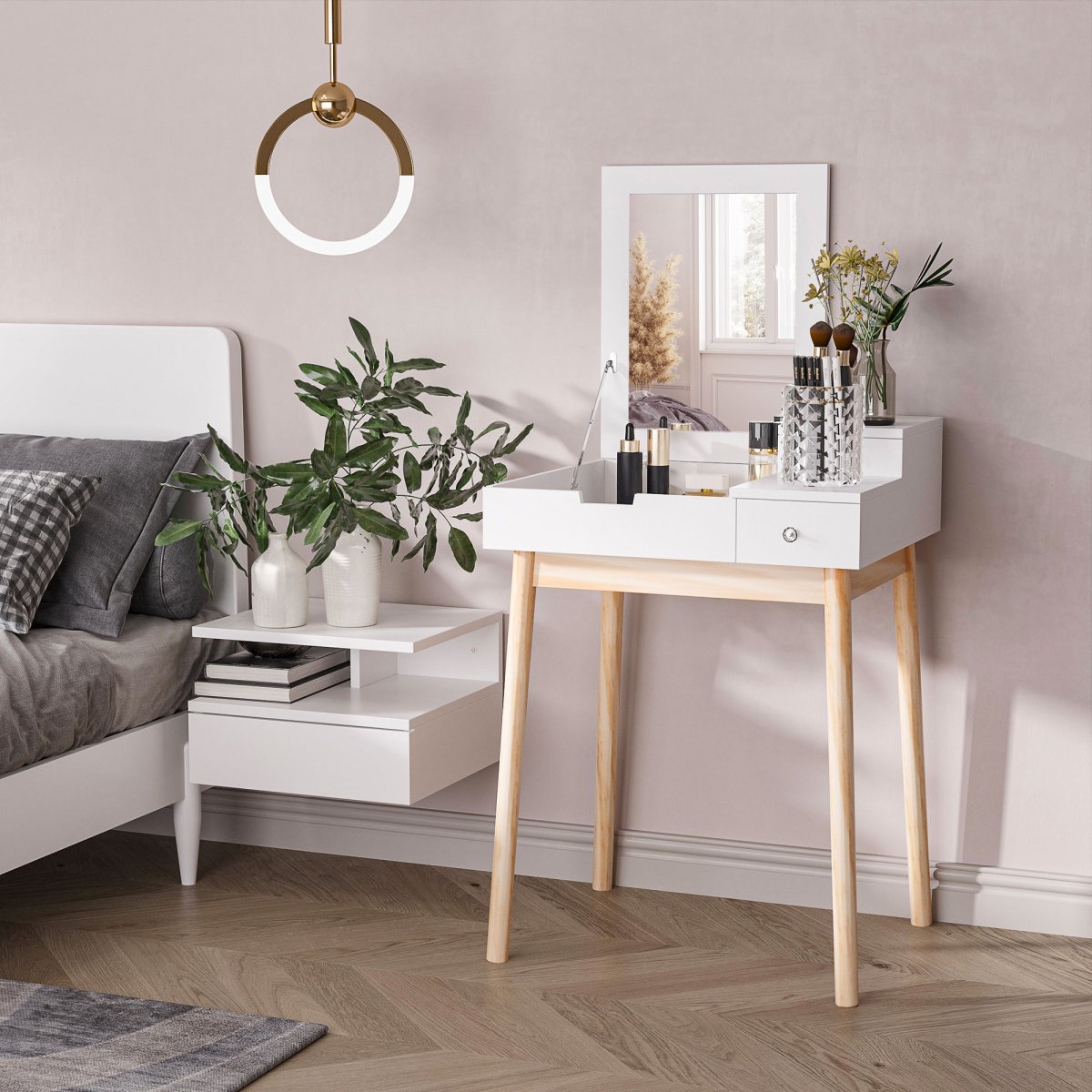 HOMCOM Dressing Table Desk with Flip-Up Mirror & 2 Storage Drawers – Bedroom Vanity and Writing Desk, White