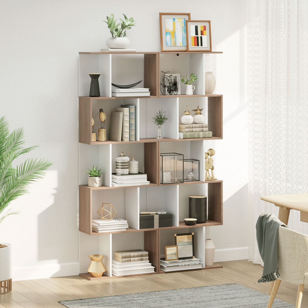 S-Shaped 5-Tier Bookcase – Modern Open-Back Shelf and Room Divider with Anti-Fall Hardware, White