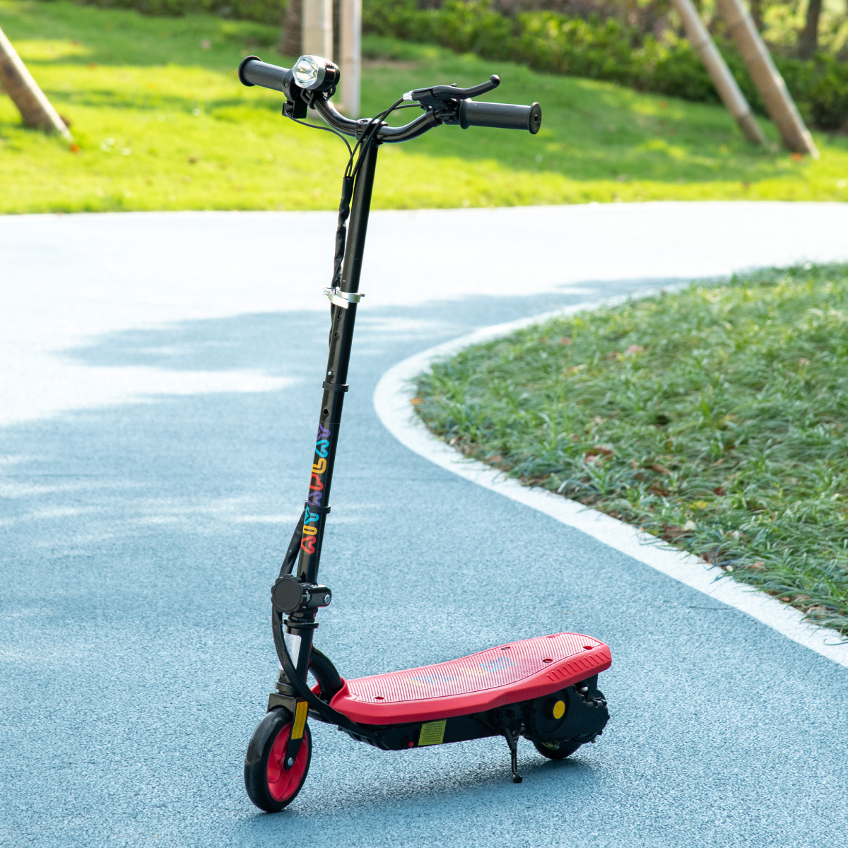 Folding Kids Electric Scooter with LED Headlight, Hand Brake & Adjustable Height – E-Scooter for Ages 7-14, Red