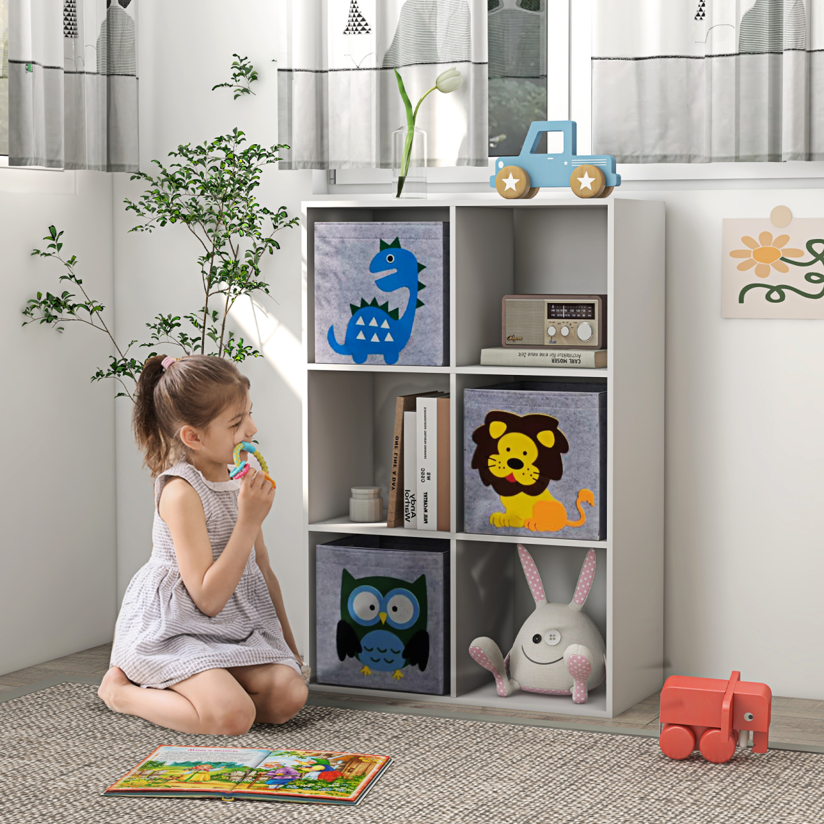 ZONEKIZ Toy Organiser with 6 Storage Cubes & 3 Non-Woven Fabric Drawers – Kids Bedroom Storage Unit, White
