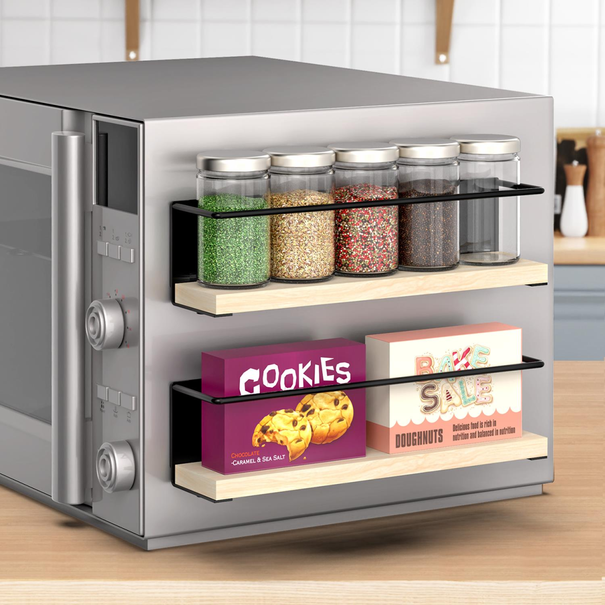 Vinsani 2 Piece Magnetic Spice Rack with Wooden Shelf – No Drilling, Fridge & Metal Surface Storage