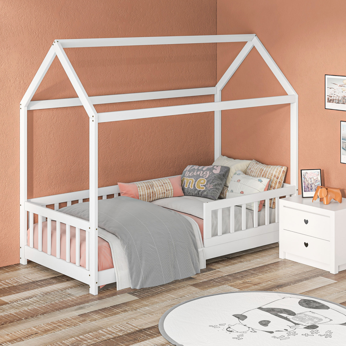 HOMCOM House-Shaped Kids Single Bed Frame with Safety Fence – Solid Pine, White