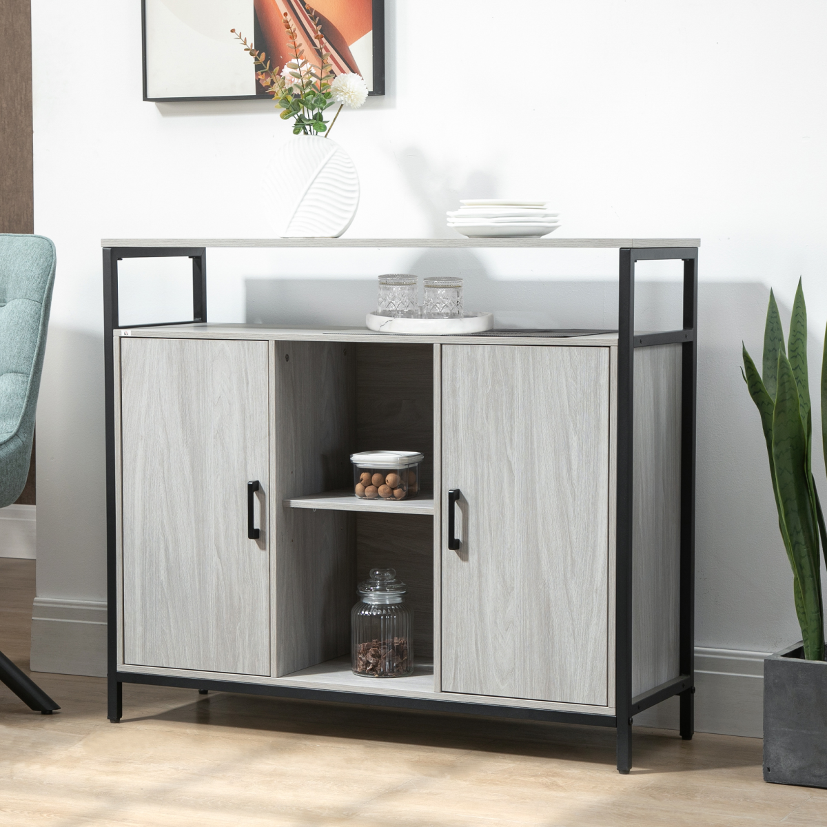 HOMCOM Sideboard with Steel Frame, 2 Doors and Adjustable Shelves – Hallway Storage Cabinet, Light Grey