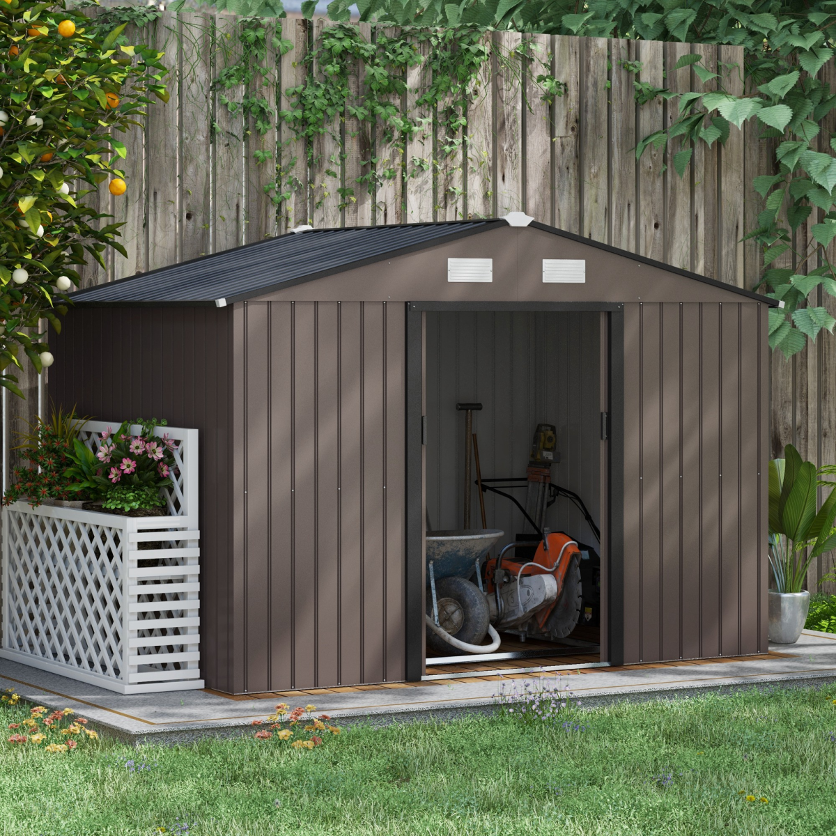 Outsunny 9x6ft Metal Garden Storage Shed with Double Sliding Door & Ventilation – Tool Store, Brown