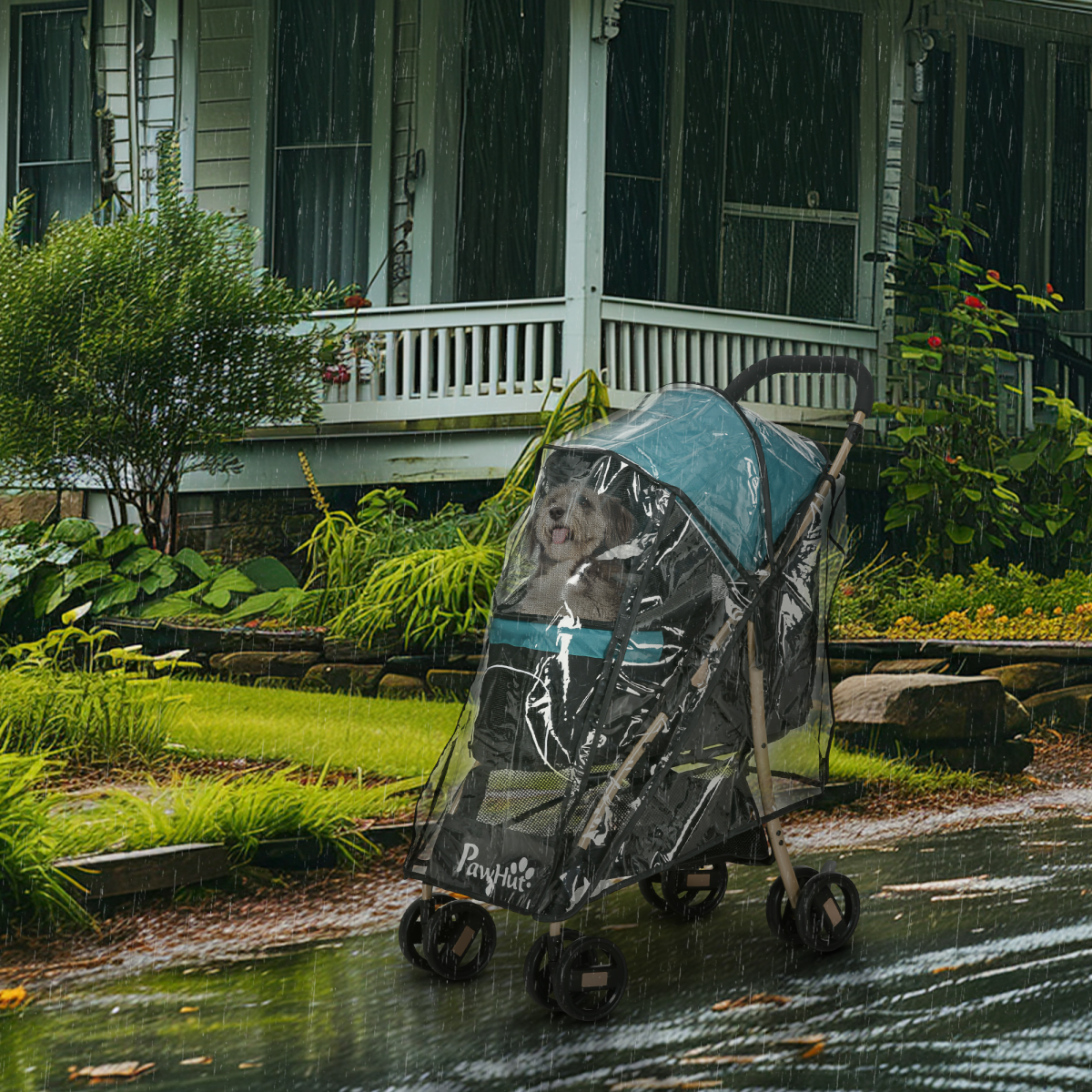 PawHut Foldable Pet Stroller for XS and S Dogs with Rain Cover, Mesh Windows & Storage Basket – Dark Green