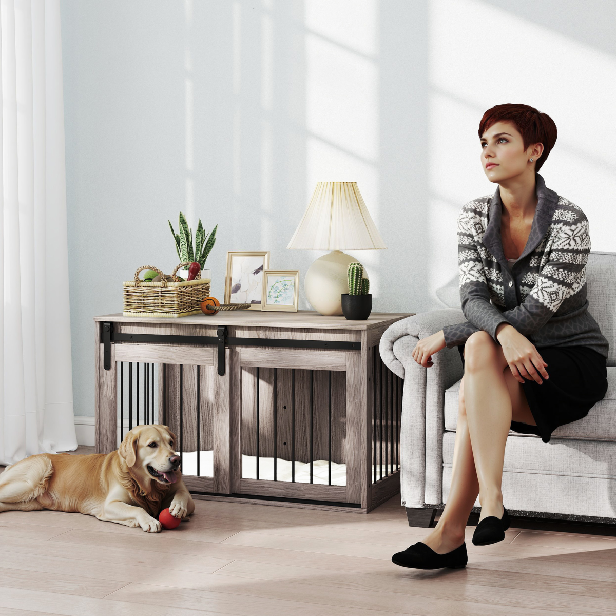 PawHut Dog Crate Furniture with Removable Cushion for Large Dogs – Side Table Cage, Brown