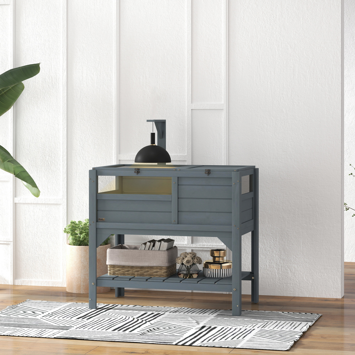PawHut Wooden Tortoise House with Run, Shelter, Bottom Shelf & Lamp Holder – Habitat, Grey