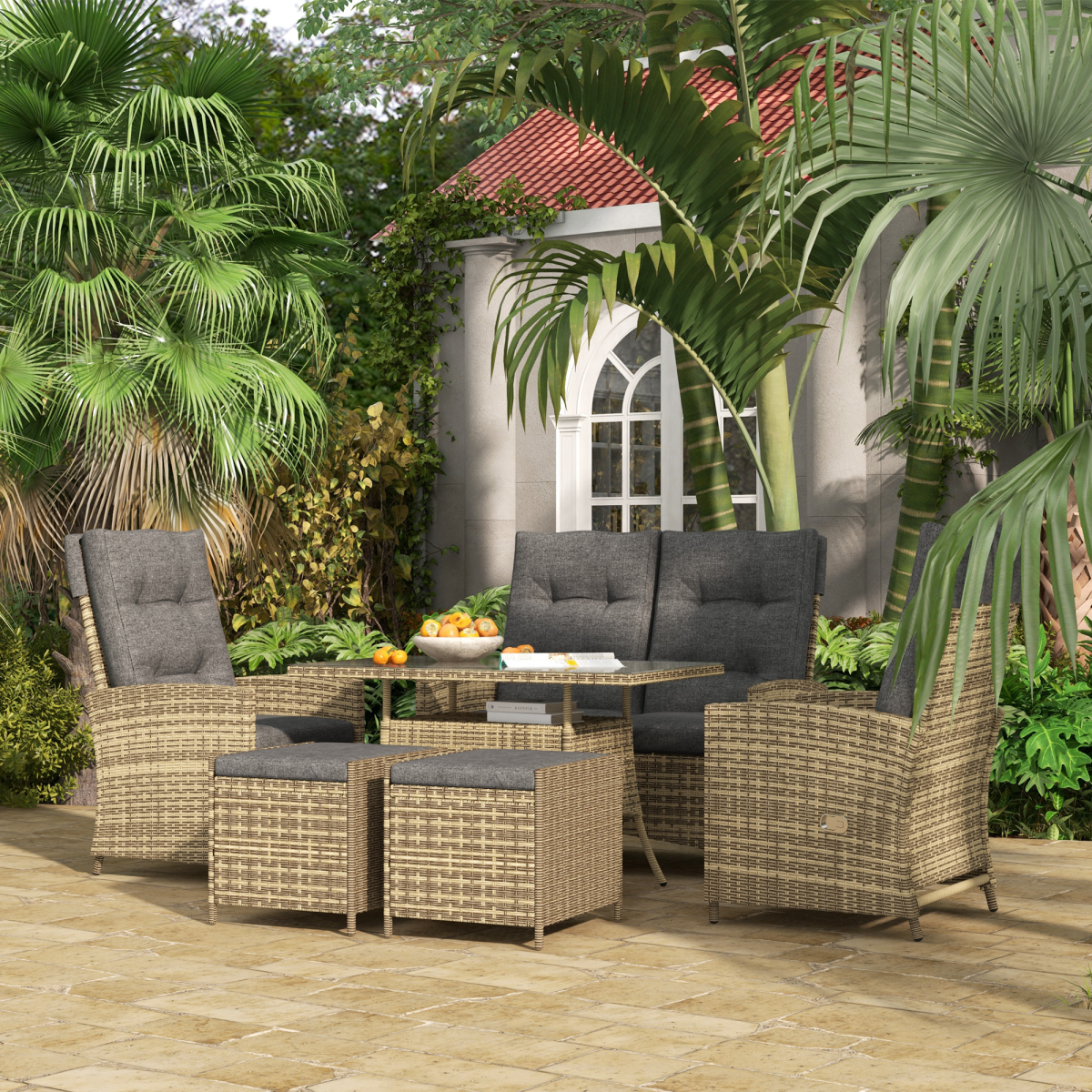 Outsunny 6-Piece Rattan Dining Set with Reclining Chairs, Glass Table and Cushions – Garden Furniture, Grey