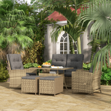 Outsunny 6-Piece Rattan Dining Set with Reclining Chairs, Glass Table and Cushions – Garden Furniture, Grey
