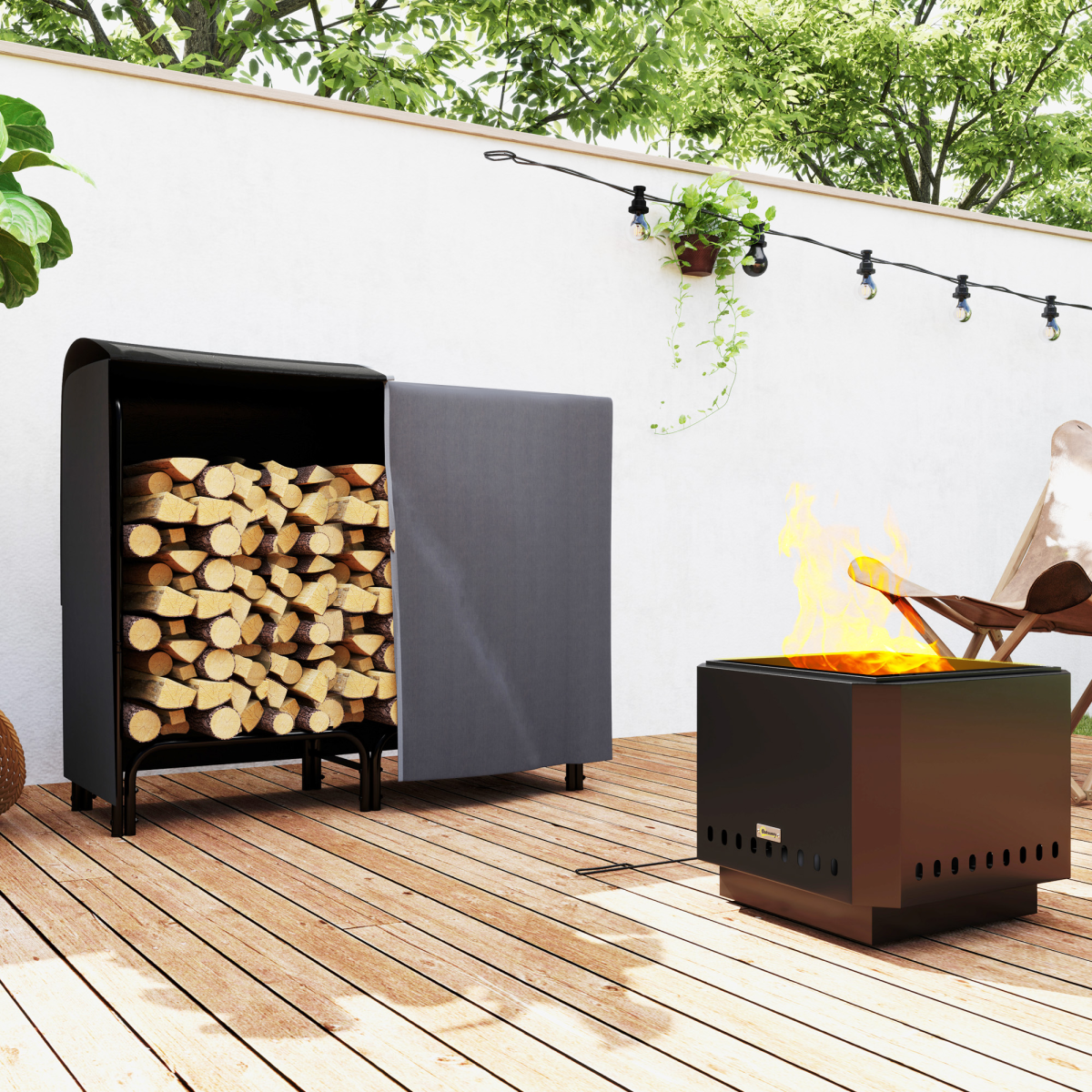 Outsunny 4ft Firewood Rack with Canvas Carrier & Oxford Cover, 0.33m³ Capacity – Metal Log Storage, Black
