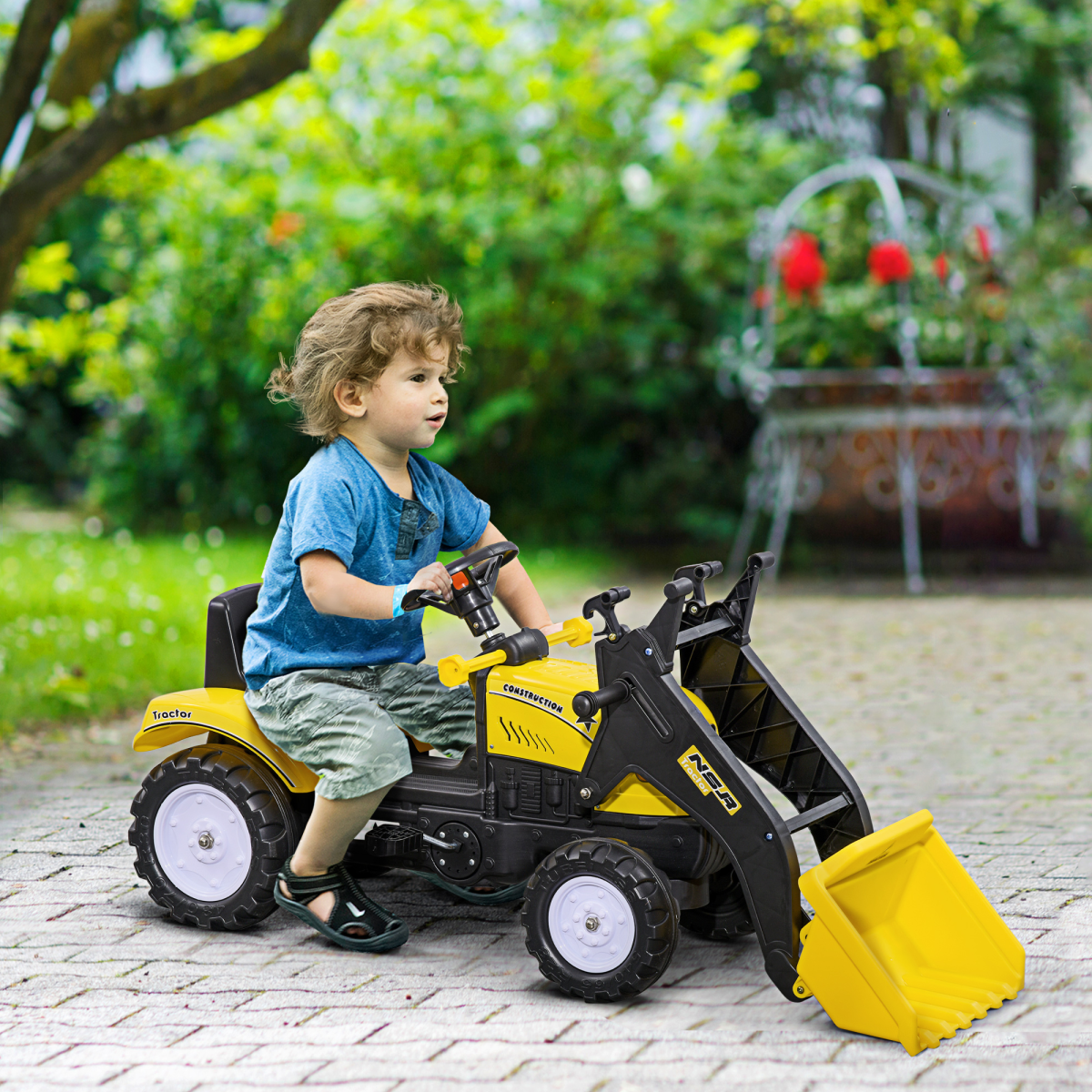 HOMCOM Pedal Go Kart Ride-On Excavator with Metal Frame, Hand Brake & Front Digger – Kids Toy, Yellow and Black