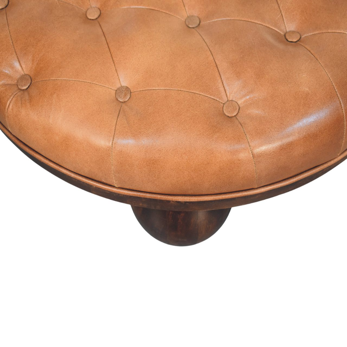 Artisan Furniture Solid Wood Sfera Coffee Table, Brown Leather Tufted Top & Ball Feet – California Walnut