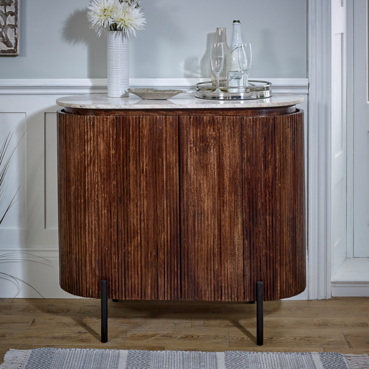 Opal Solid Wood Sideboard & Drinks Cabinet with White Marble Top – Handmade Bottle and Glassware Storage