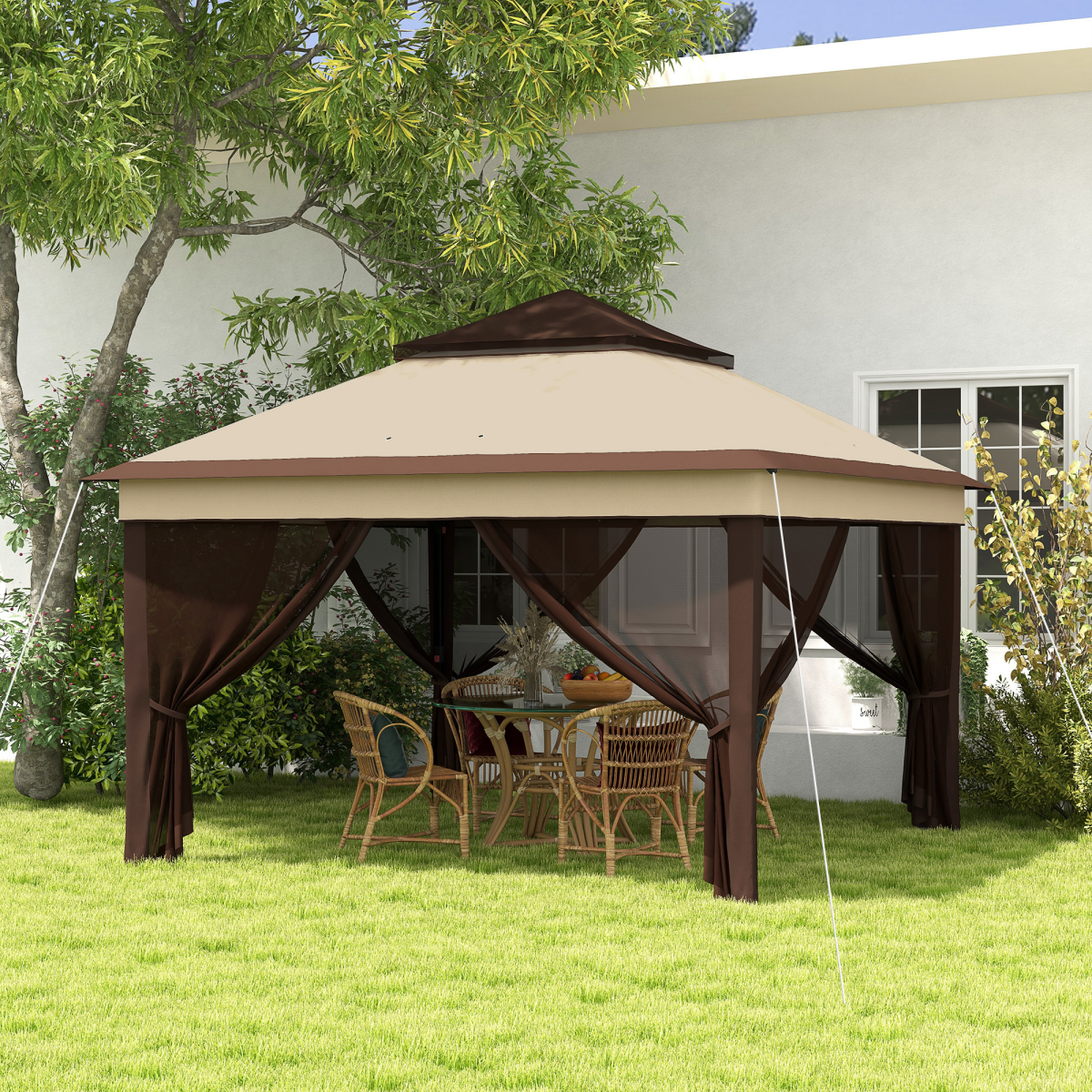 Outsunny 3x3m Pop Up Gazebo with UV30+ Canopy, Mesh Curtains & Adjustable Height – Garden Shelter, Beige