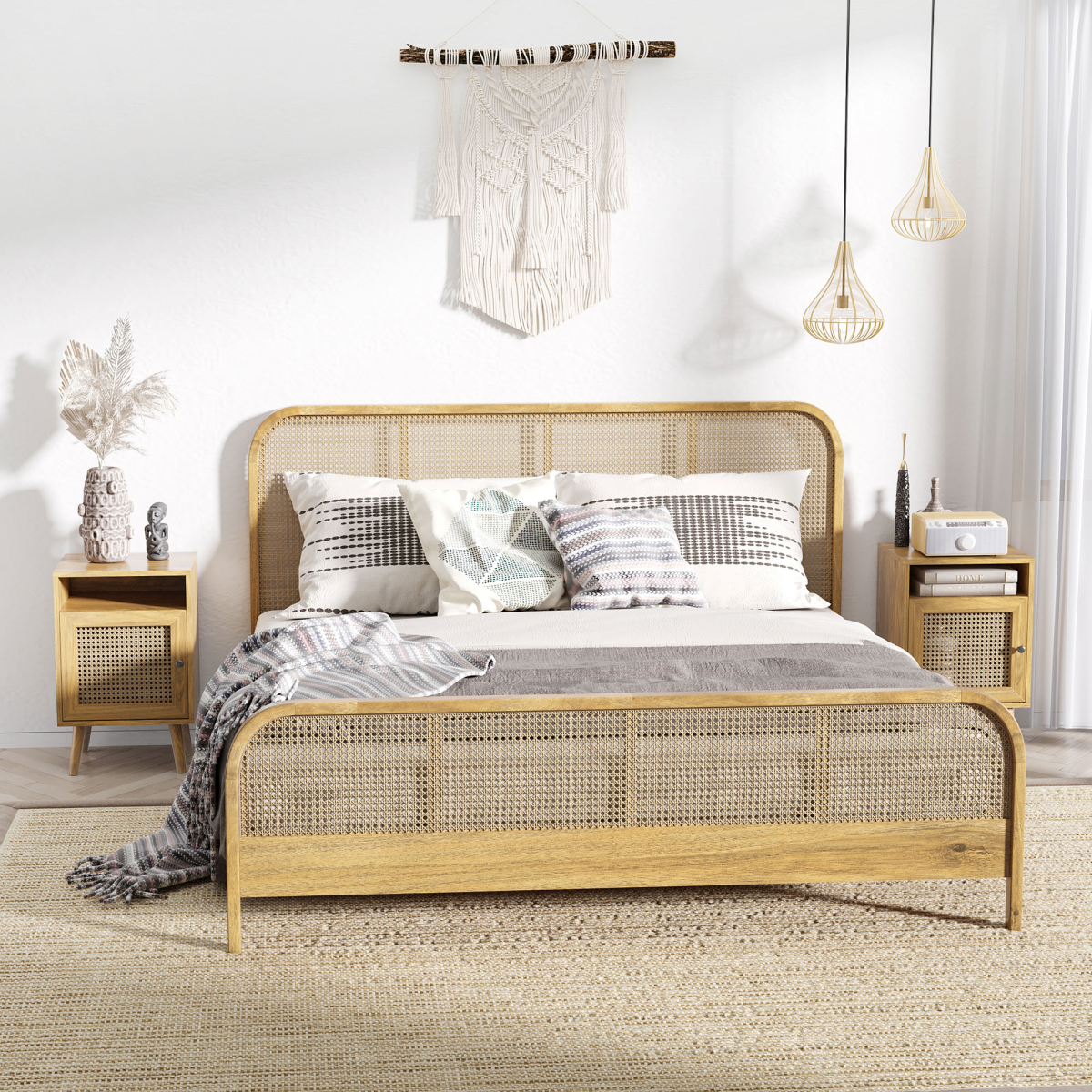 HOMCOM Rattan Bedside Table with Cabinet & Open Shelf – Boho Storage for Bedroom or Living Room