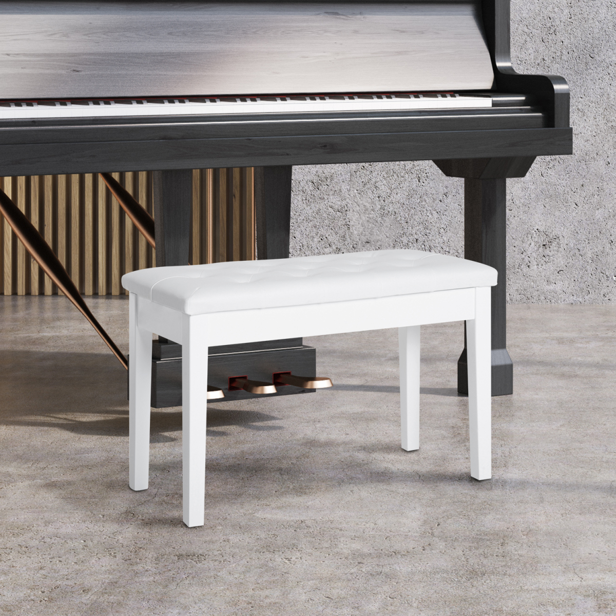 HOMCOM Piano Bench with Under-Seat Storage & Tufted Padded Seat – Solid Wood Double Stool, White