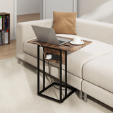 HOMCOM C Shaped Side Table with Charging Station and Foldable Top – Space-Saving, Rustic Brown and Black