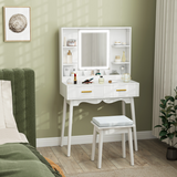 HOMCOM Dressing Table Set with LED Lighted Mirror, 2 Drawers, 4 Shelves & Cushioned Stool – White and Gold