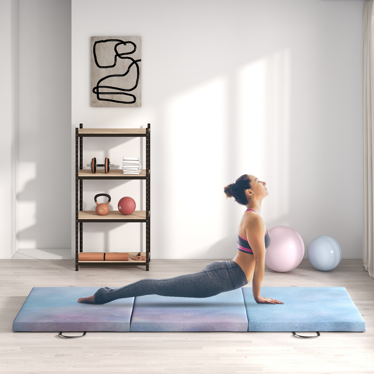 HOMCOM 6ft Foldable Gymnastics Mat, Tri-Fold 5cm Thick Crash Mat for Yoga and Pilates – Sky Blue