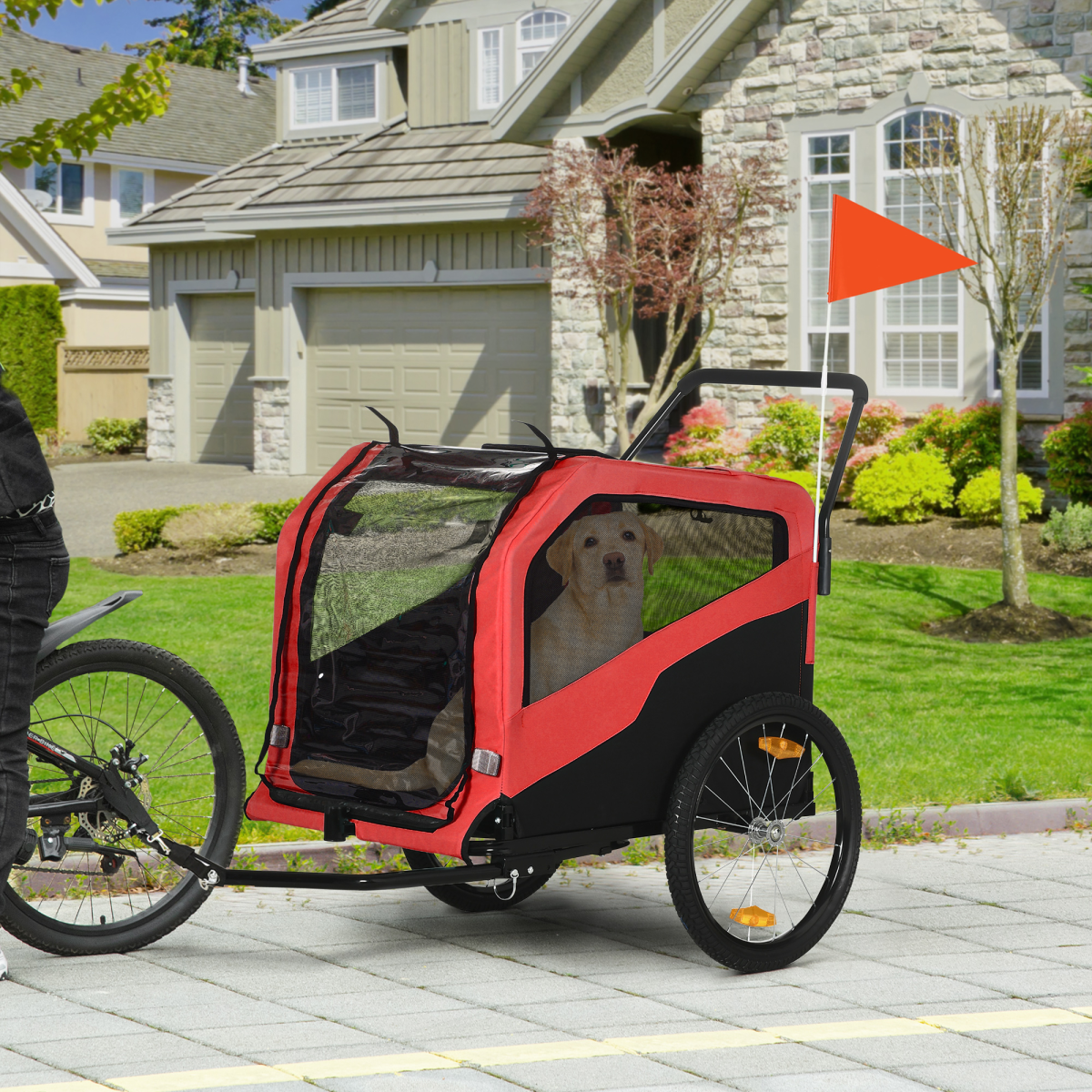 PawHut 2-in-1 Dog Bike Trailer & Pet Stroller for Large Dogs with Hitch, Mesh Windows & Sunroof – Red