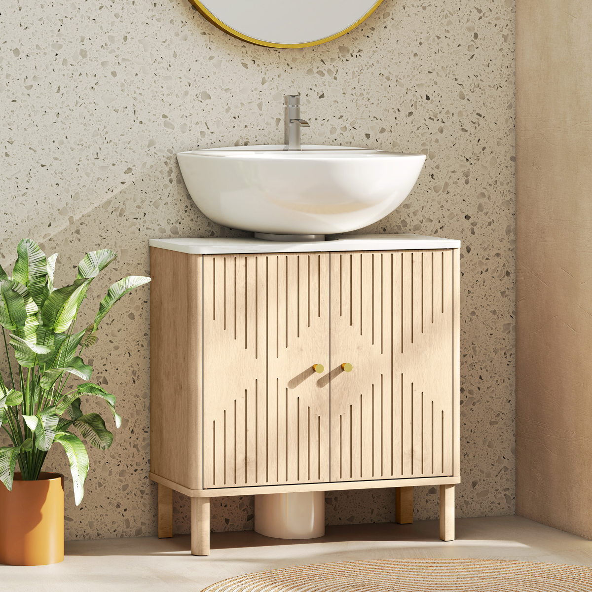 HOMCOM Under Sink Bathroom Cabinet with U-Shaped Cut-Out, Fluted Doors and Gold-Tone Handles – Oak
