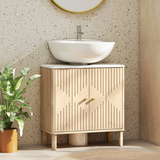 HOMCOM Under Sink Bathroom Cabinet with U-Shaped Cut-Out, Fluted Doors and Gold-Tone Handles – Oak